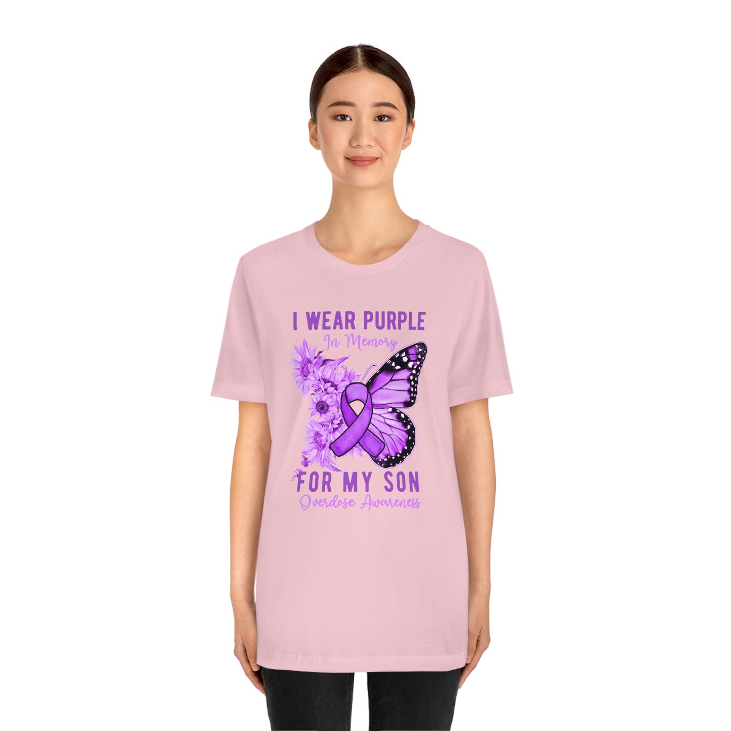 I Wear Purple In Memory For My Son Overdose Awareness Print Unisex Jersey Short Sleeve Tee