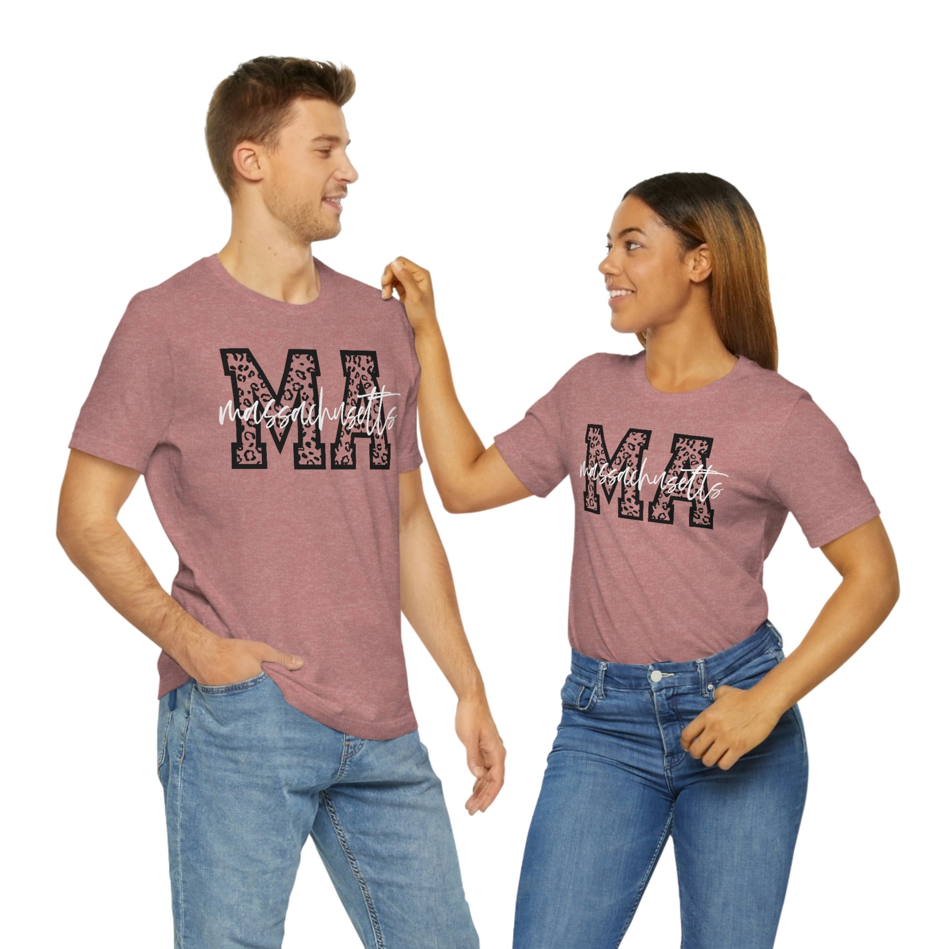 Massachusetts MA Leopard Print Letters White Script Short Sleeve T-shirt