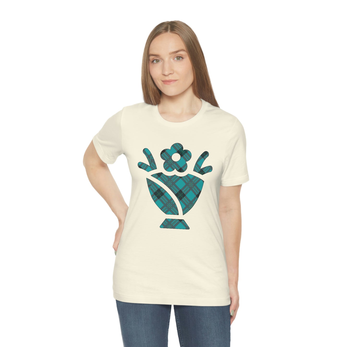Blue Plaid Egg Basket Flowers Unisex Jersey Short Sleeve Tee