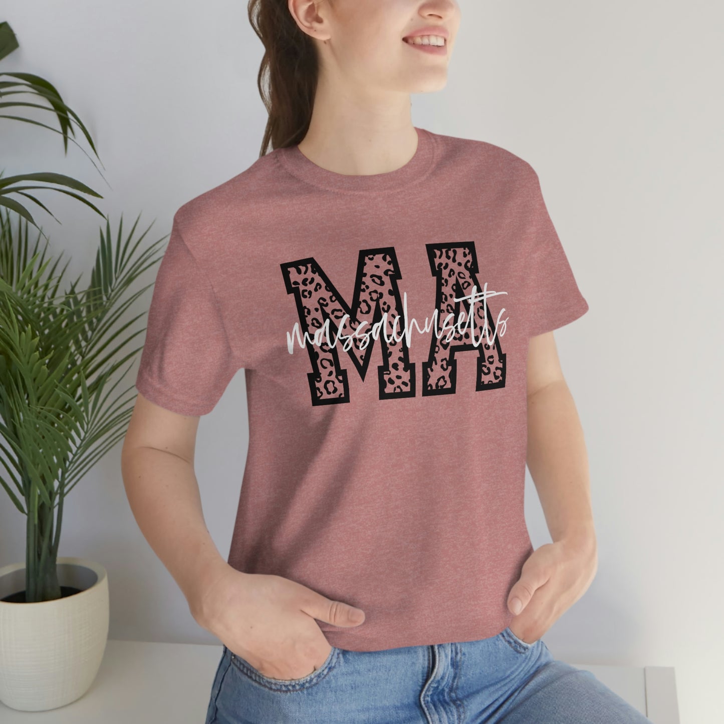 Massachusetts MA Leopard Print Letters White Script Short Sleeve T-shirt