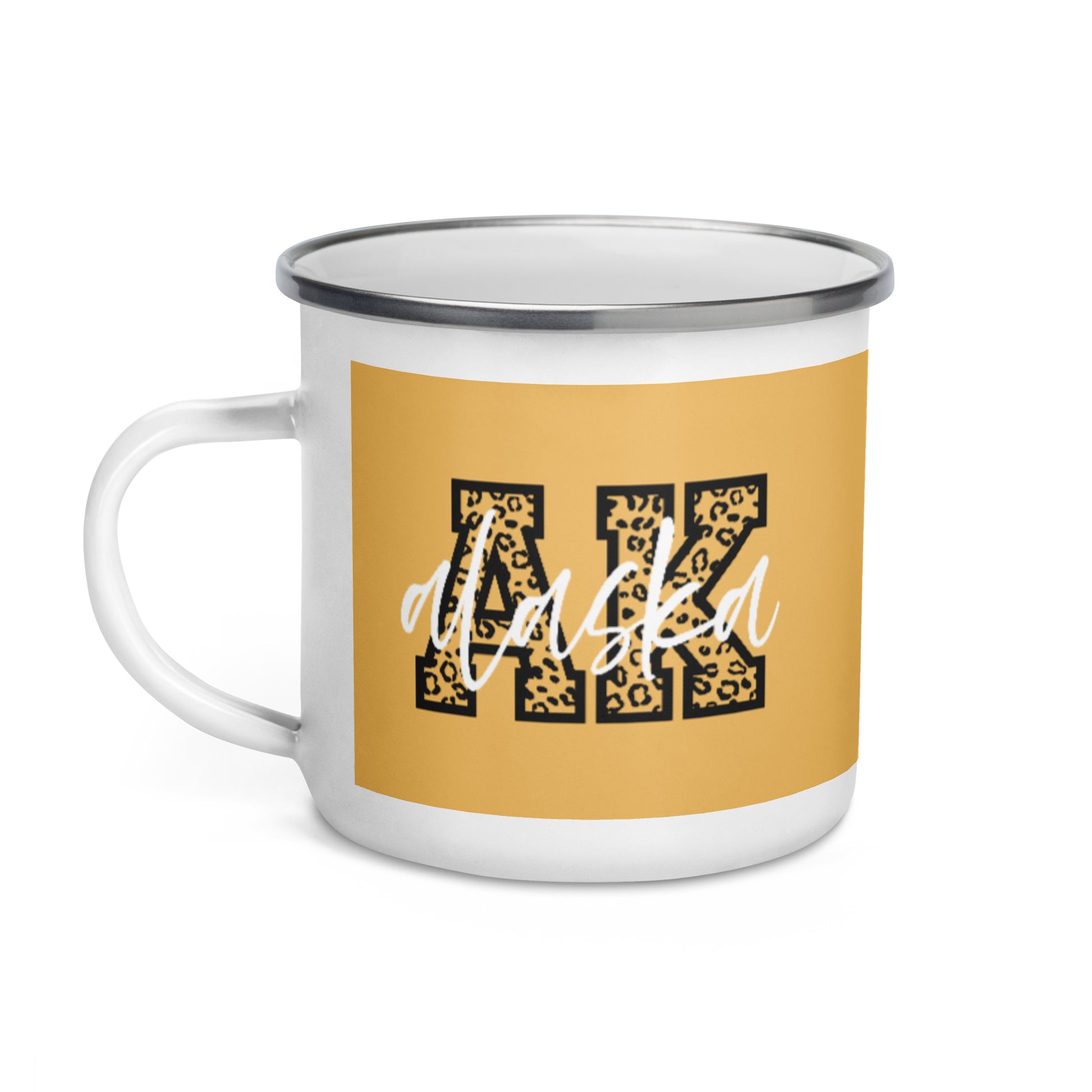 Alaska AK Leopard Print White Script Enamel Mug