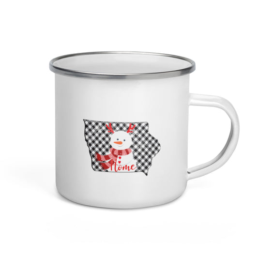 Iowa Gingham Snowman Enamel Mug
