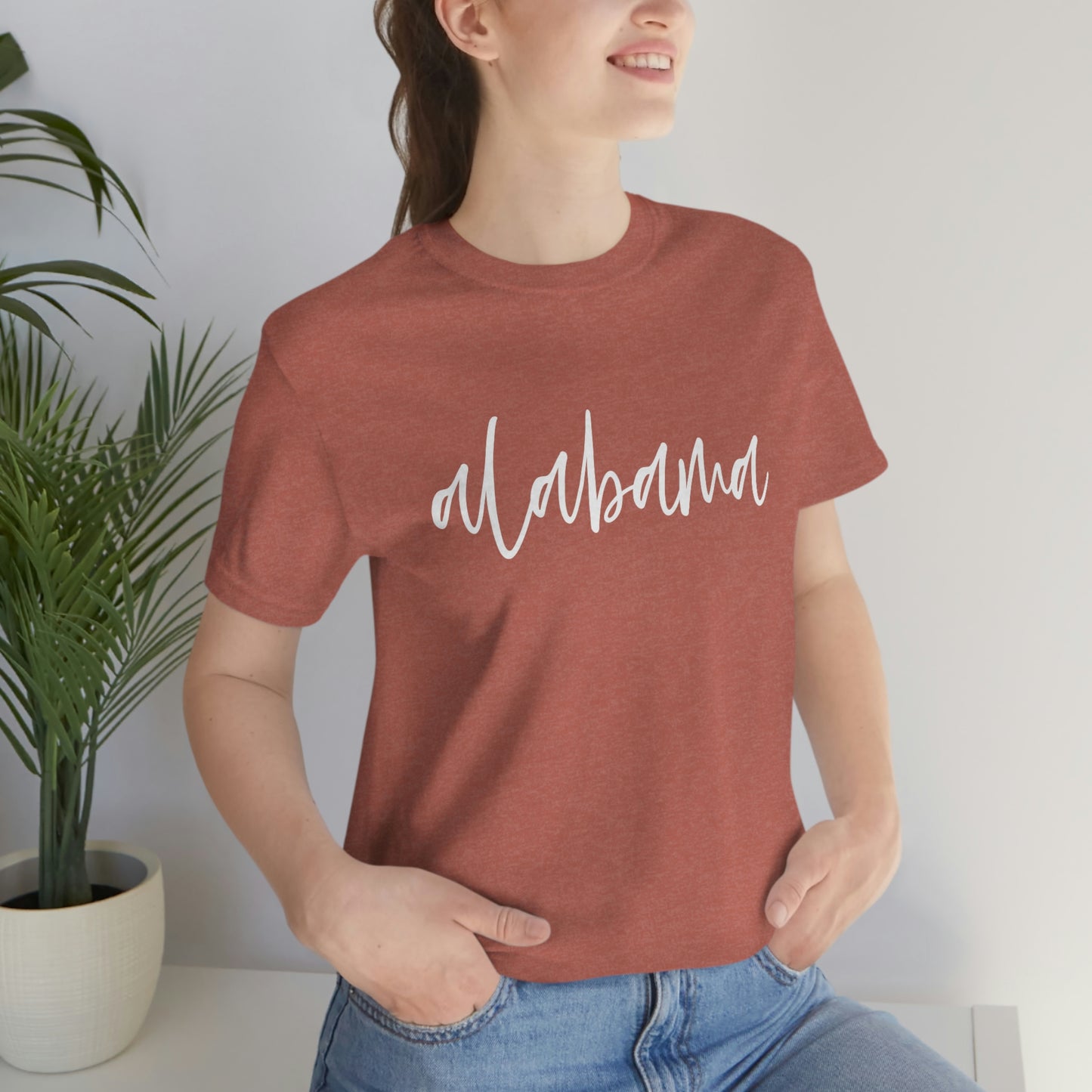 Alabama in White Script Unisex Jersey Short Sleeve T-shirt