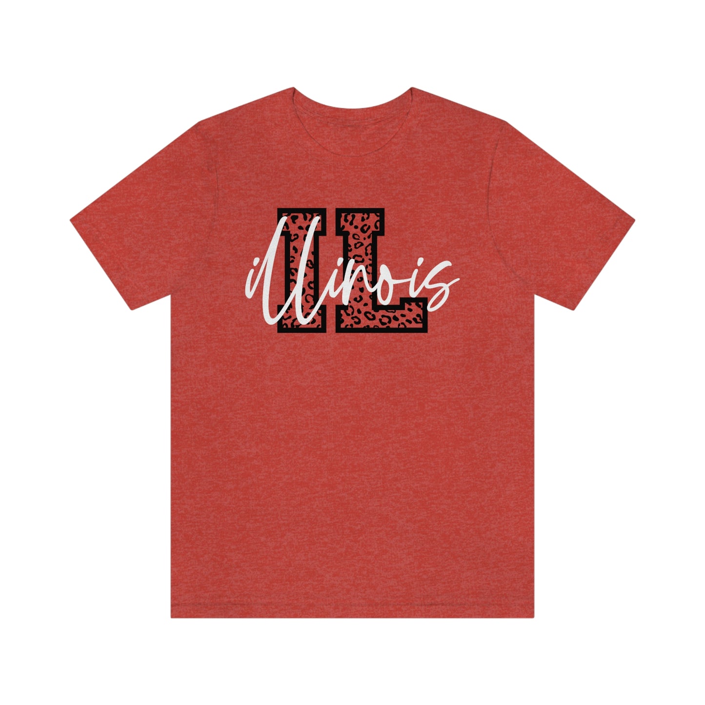 Illinois ID Leopard Print Letters White Script Short Sleeve T-shirt
