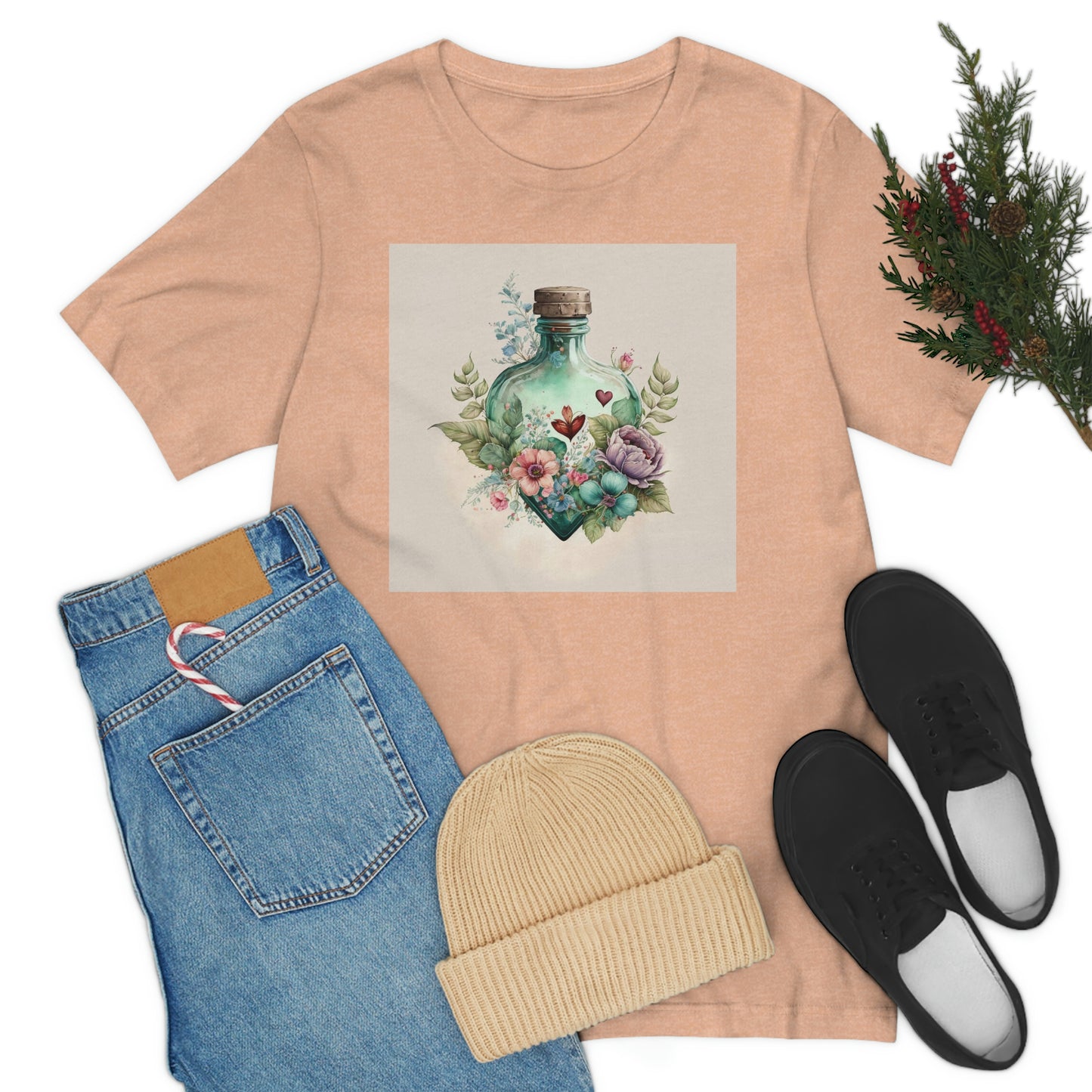 Vintage Bottle Floral Unisex Jersey Short Sleeve Tee