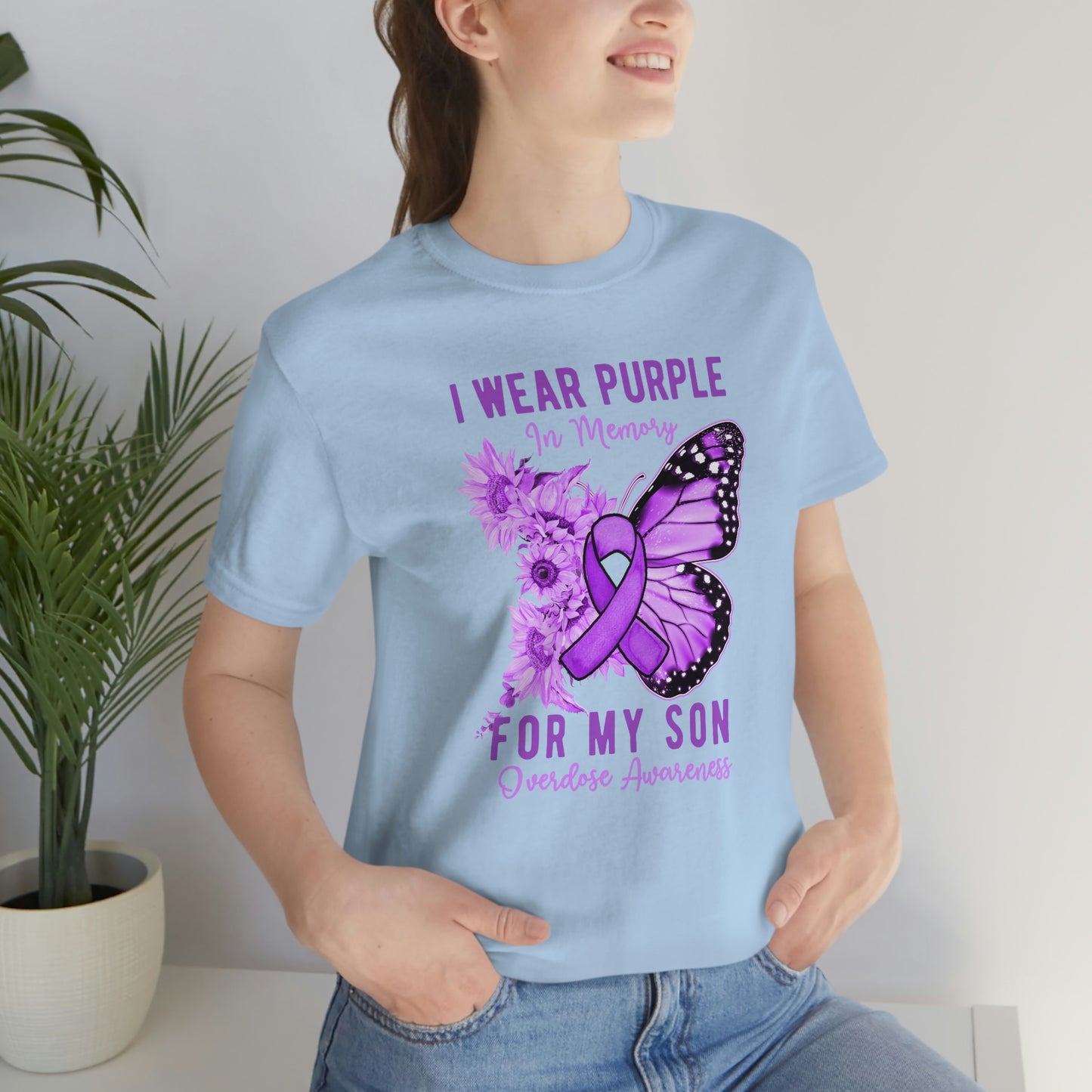 I Wear Purple In Memory For My Son Overdose Awareness Print Unisex Jersey Short Sleeve Tee