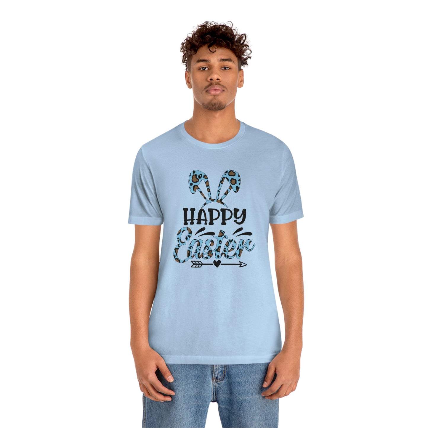 Happy Easter Bunny Ears Blue Leopard Print Unisex Jersey Short Sleeve Tee
