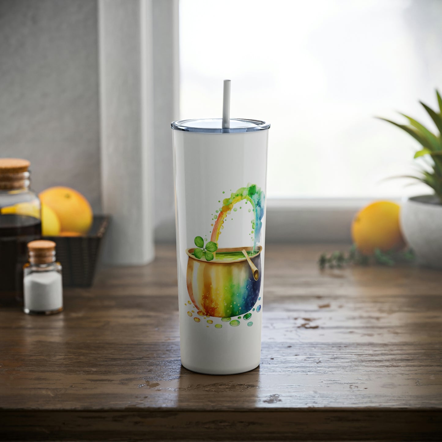 St. Patrick's Day Pot of Gold Skinny Steel Tumbler with Straw, 20oz