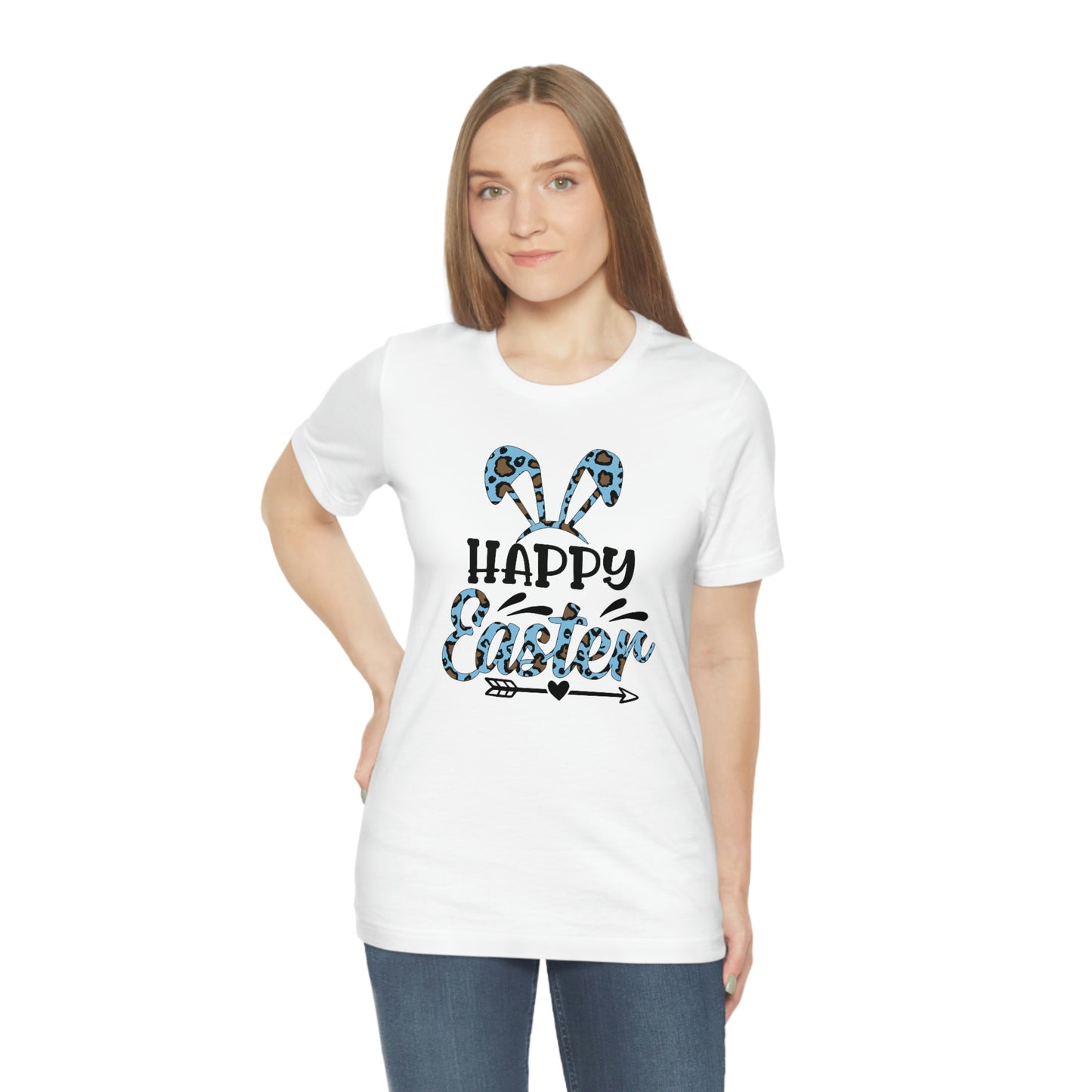 Happy Easter Bunny Ears Blue Leopard Print Unisex Jersey Short Sleeve Tee