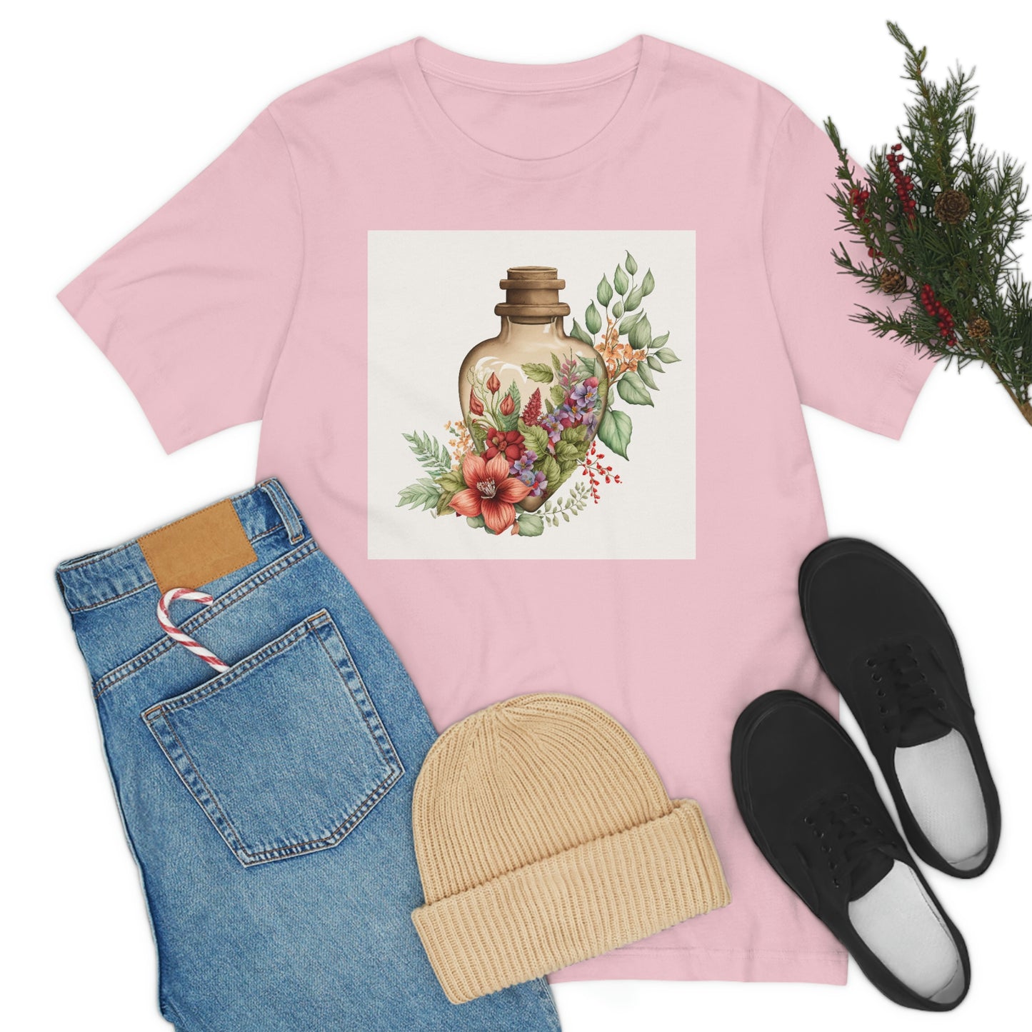 Vintage Bottle Floral Unisex Jersey Short Sleeve Tee