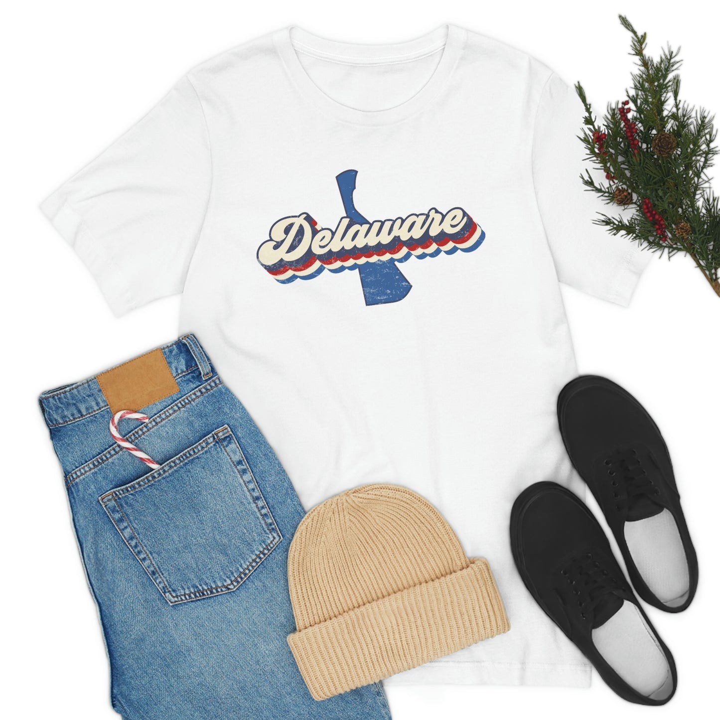 Delaware Script Red White Blue on Blue Delaware Short Sleeve T-shirt