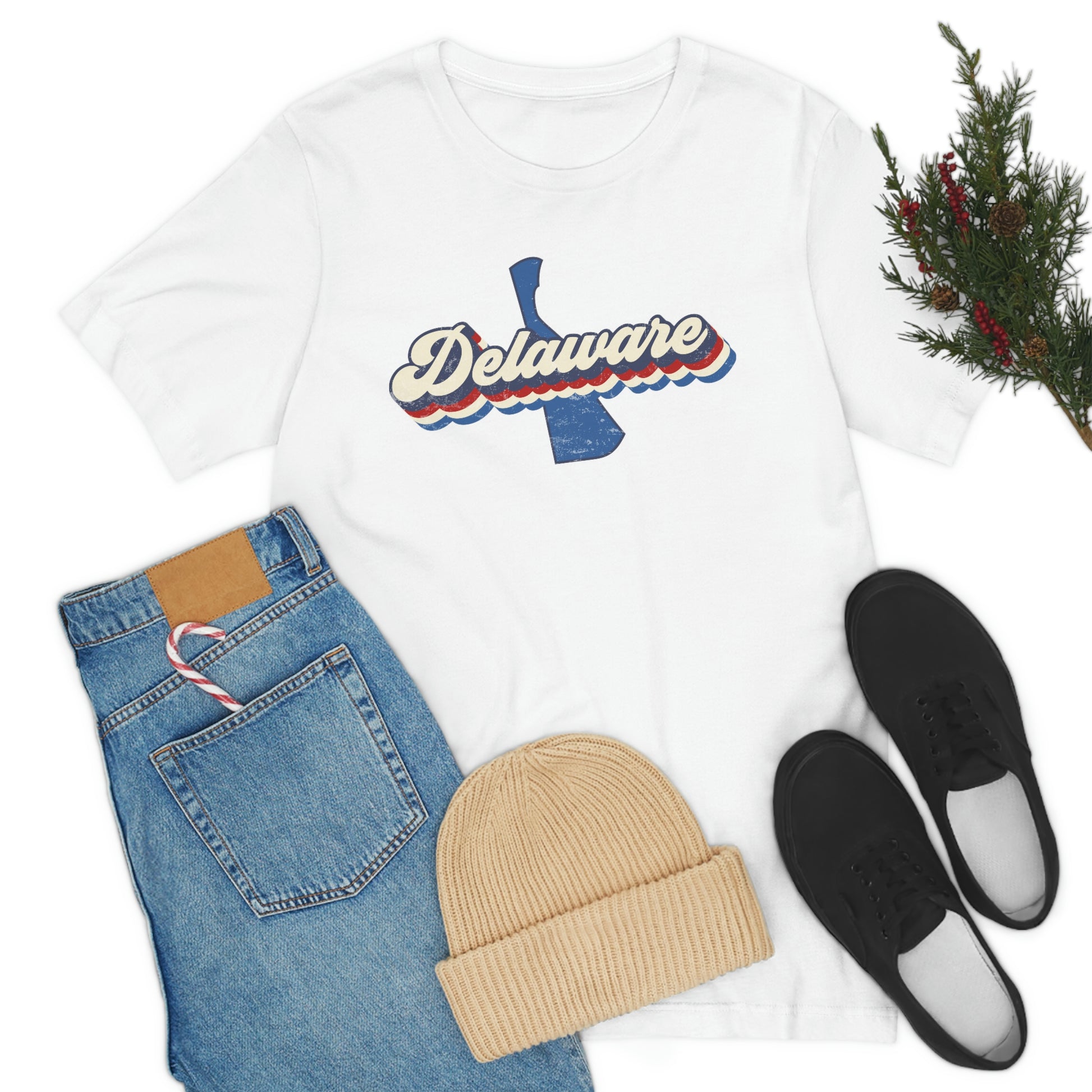 Delaware Script Red White Blue on Blue Delaware Short Sleeve T-shirt