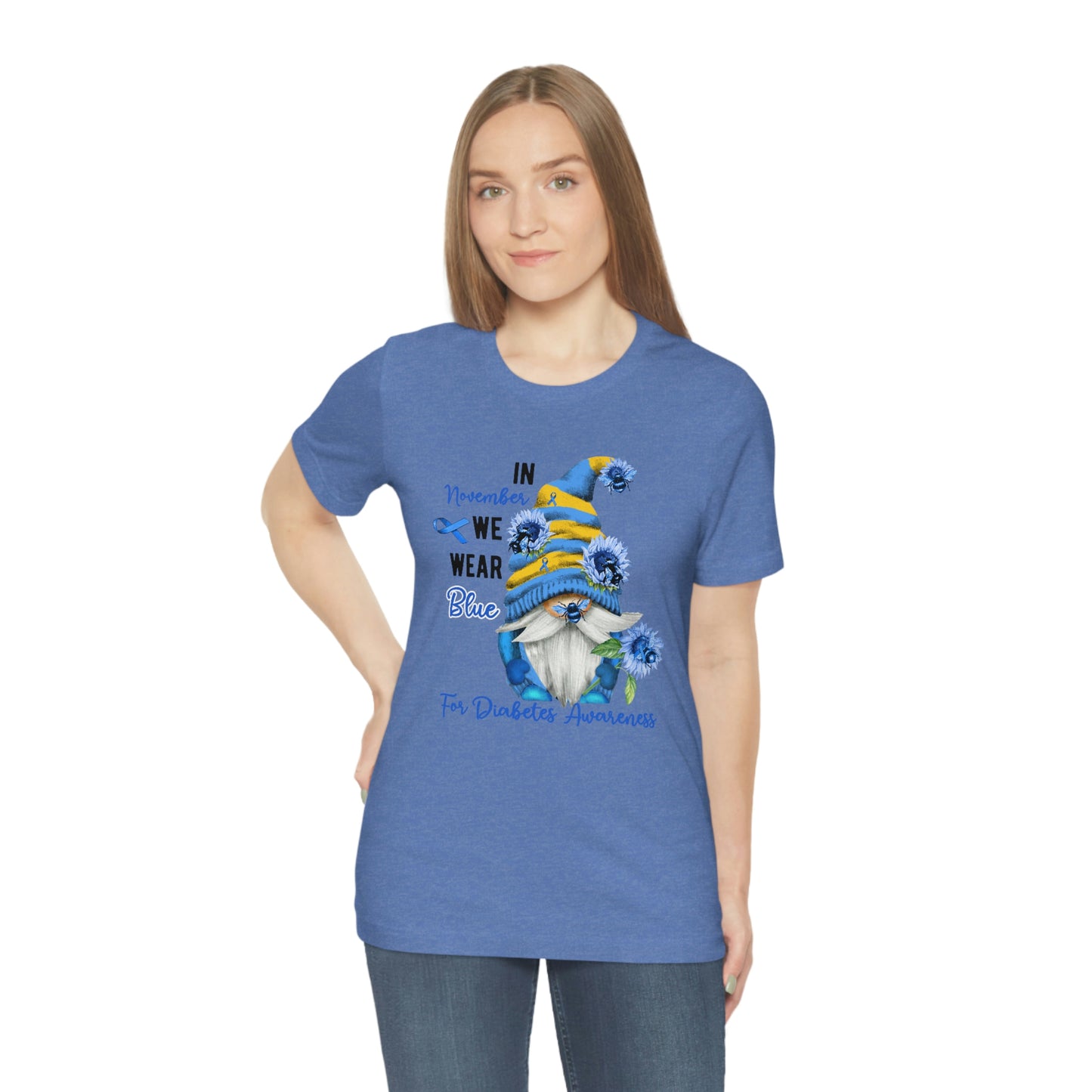 In November We Wear Blue Gnome Diabetes Awareness Print Unisex Jersey Short Sleeve Tee