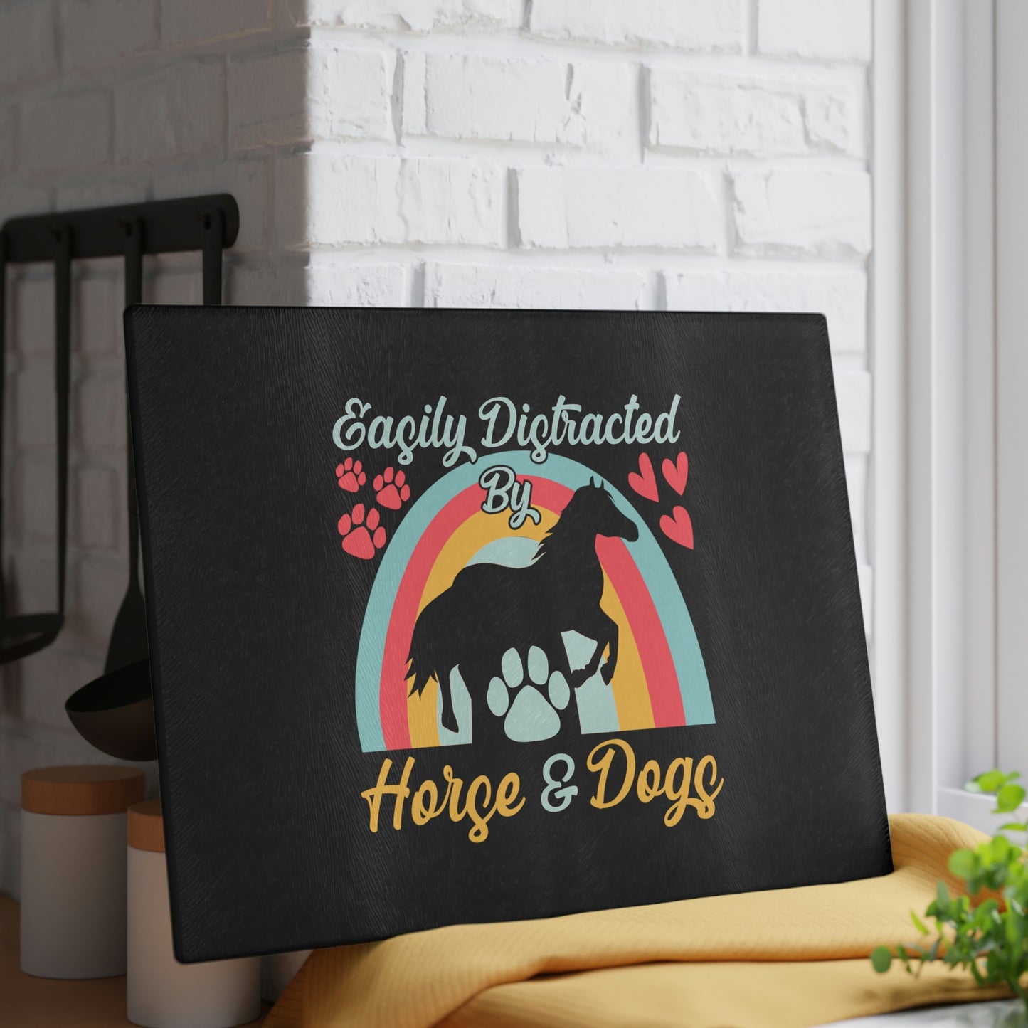 Easily Distracted by Horse and Dogs Glass Cutting Board