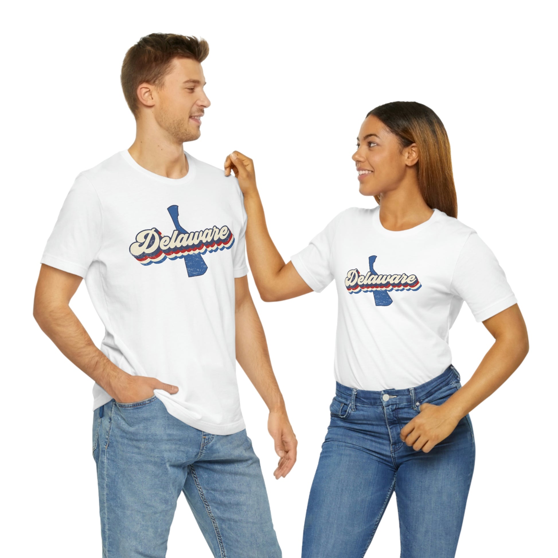 Delaware Script Red White Blue on Blue Delaware Short Sleeve T-shirt