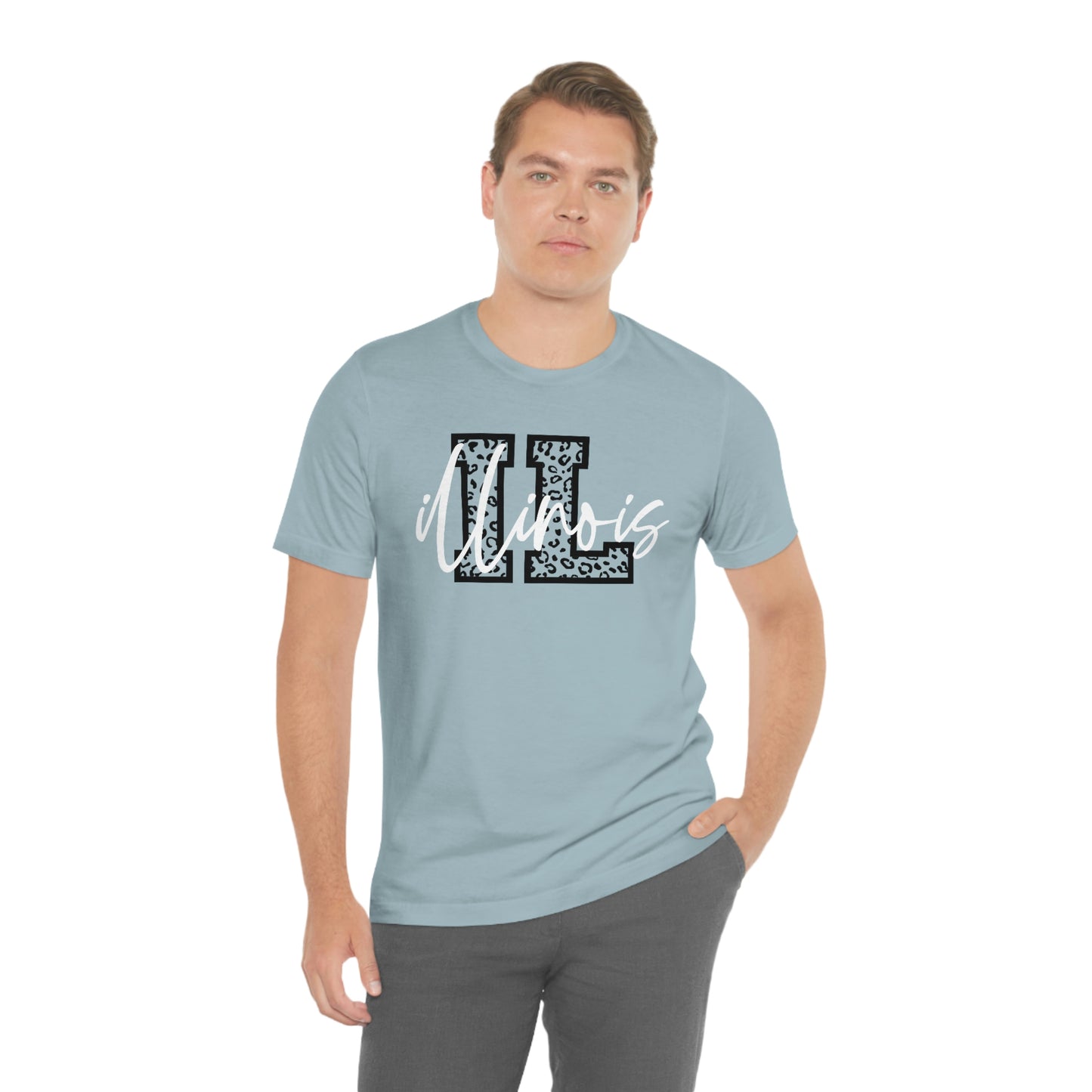 Illinois ID Leopard Print Letters White Script Short Sleeve T-shirt