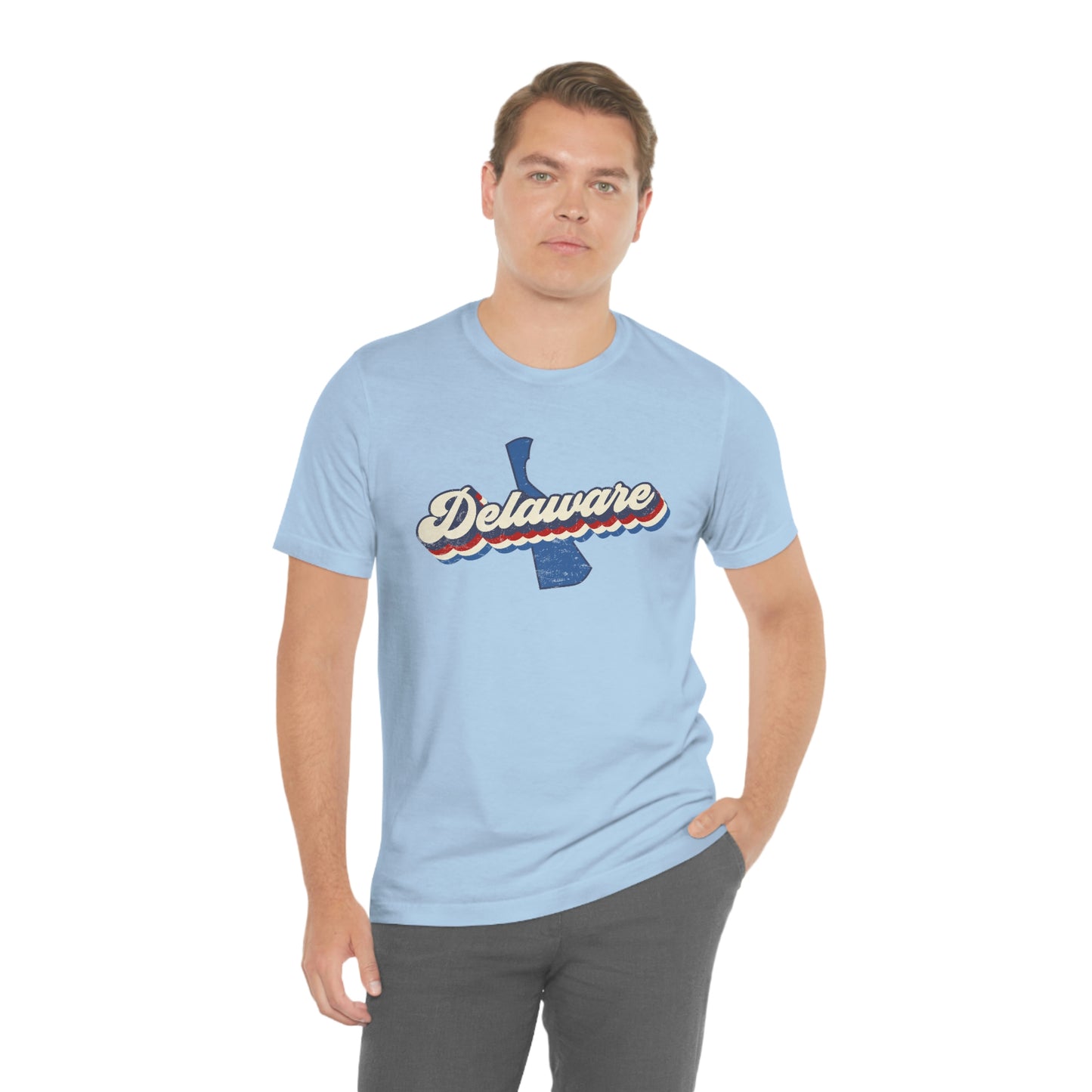 Delaware Script Red White Blue on Blue Delaware Short Sleeve T-shirt