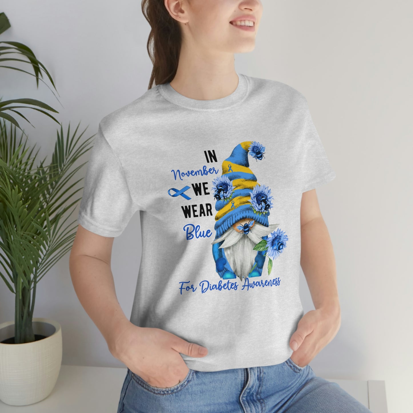 In November We Wear Blue Gnome Diabetes Awareness Print Unisex Jersey Short Sleeve Tee