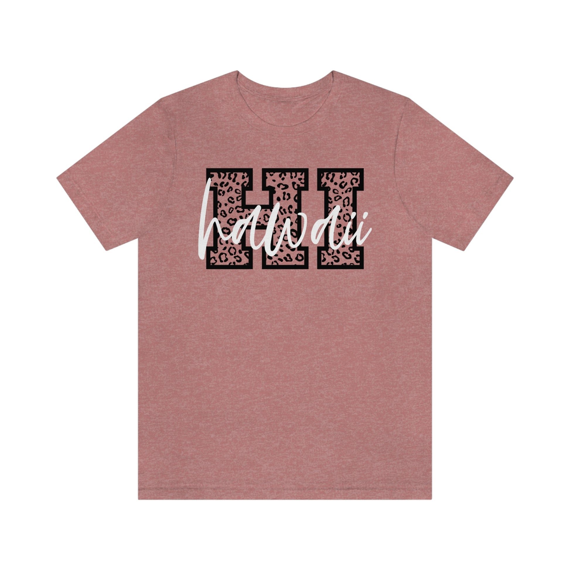 Hawaii HI Leopard Print Letters White Script Short Sleeve T-shirt
