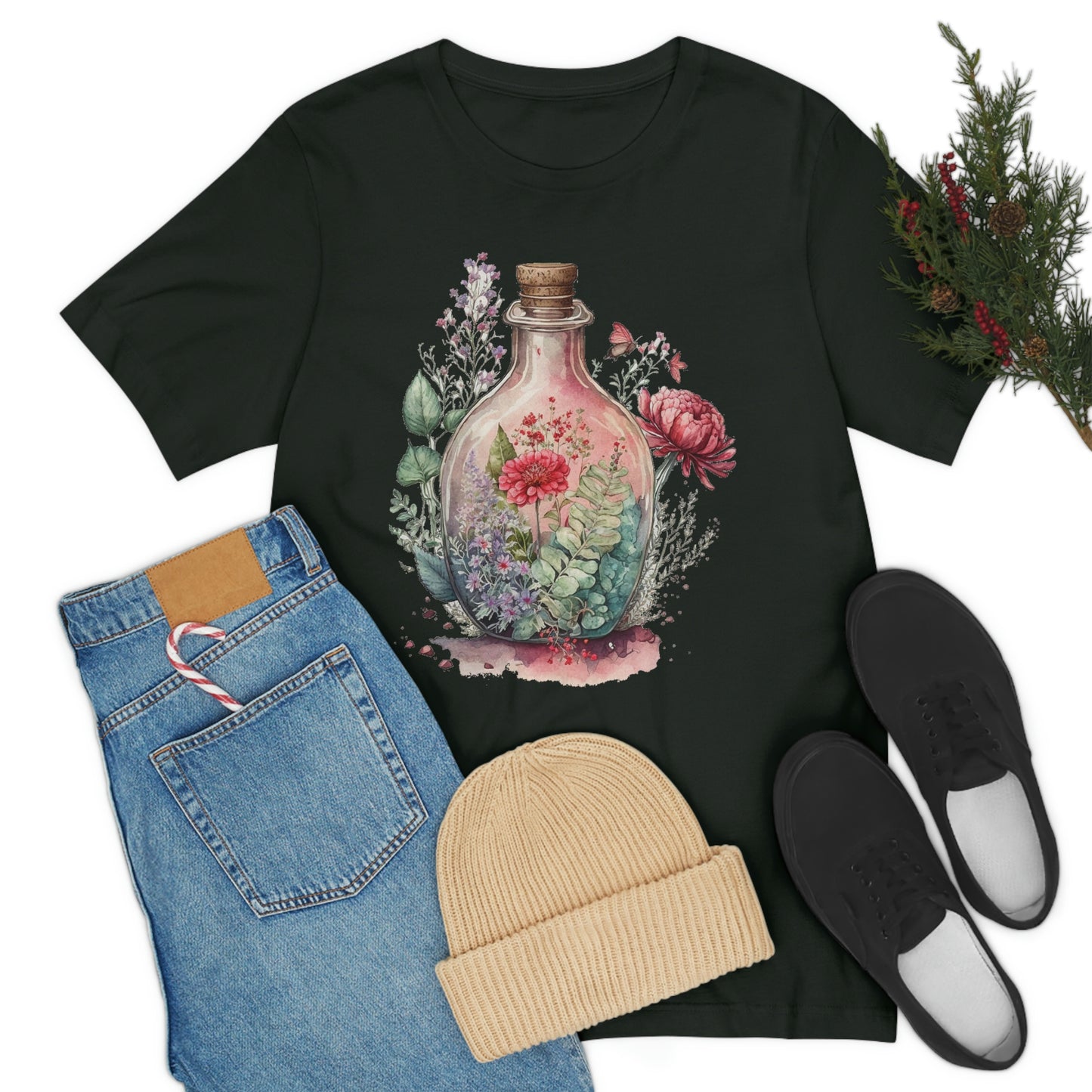 Vintage Bottle Floral Unisex Jersey Short Sleeve Tee