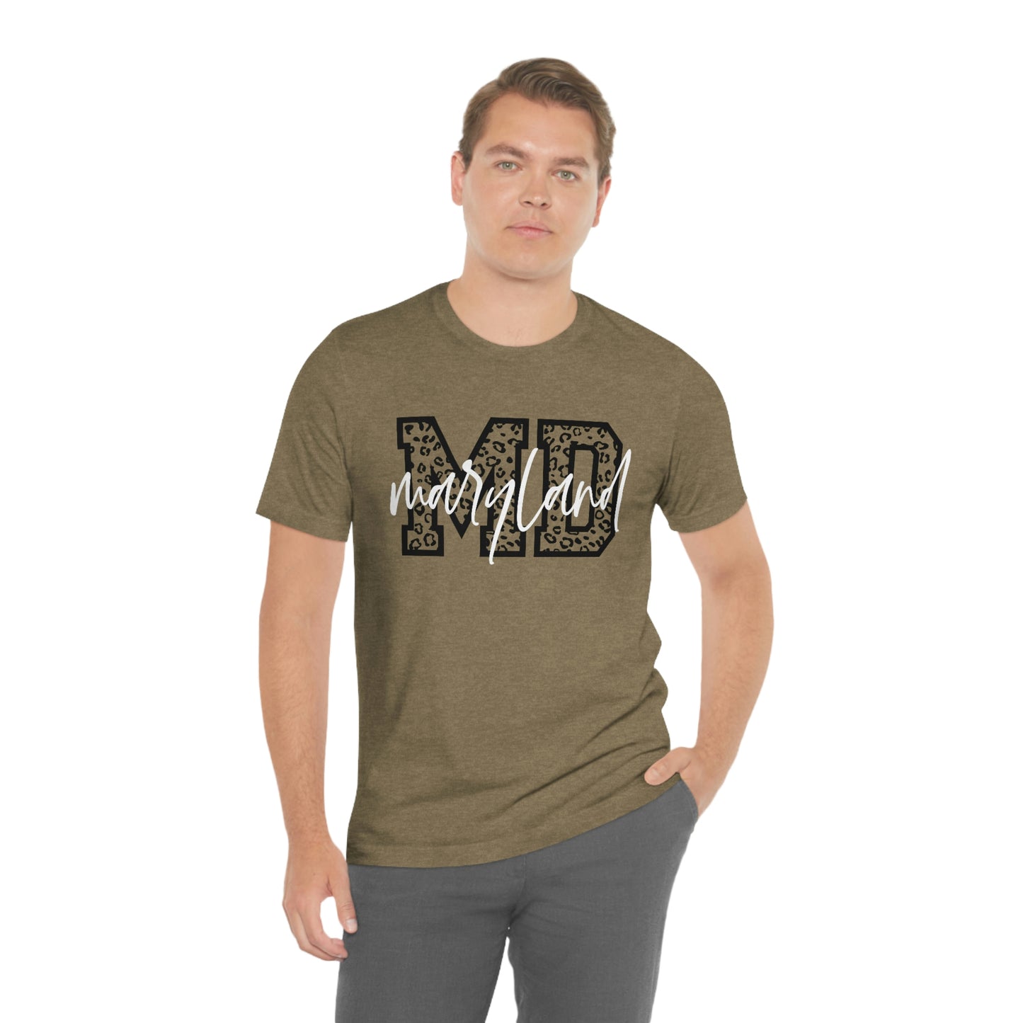 Maryland MD Leopard Print Letters White Script Short Sleeve T-shirt