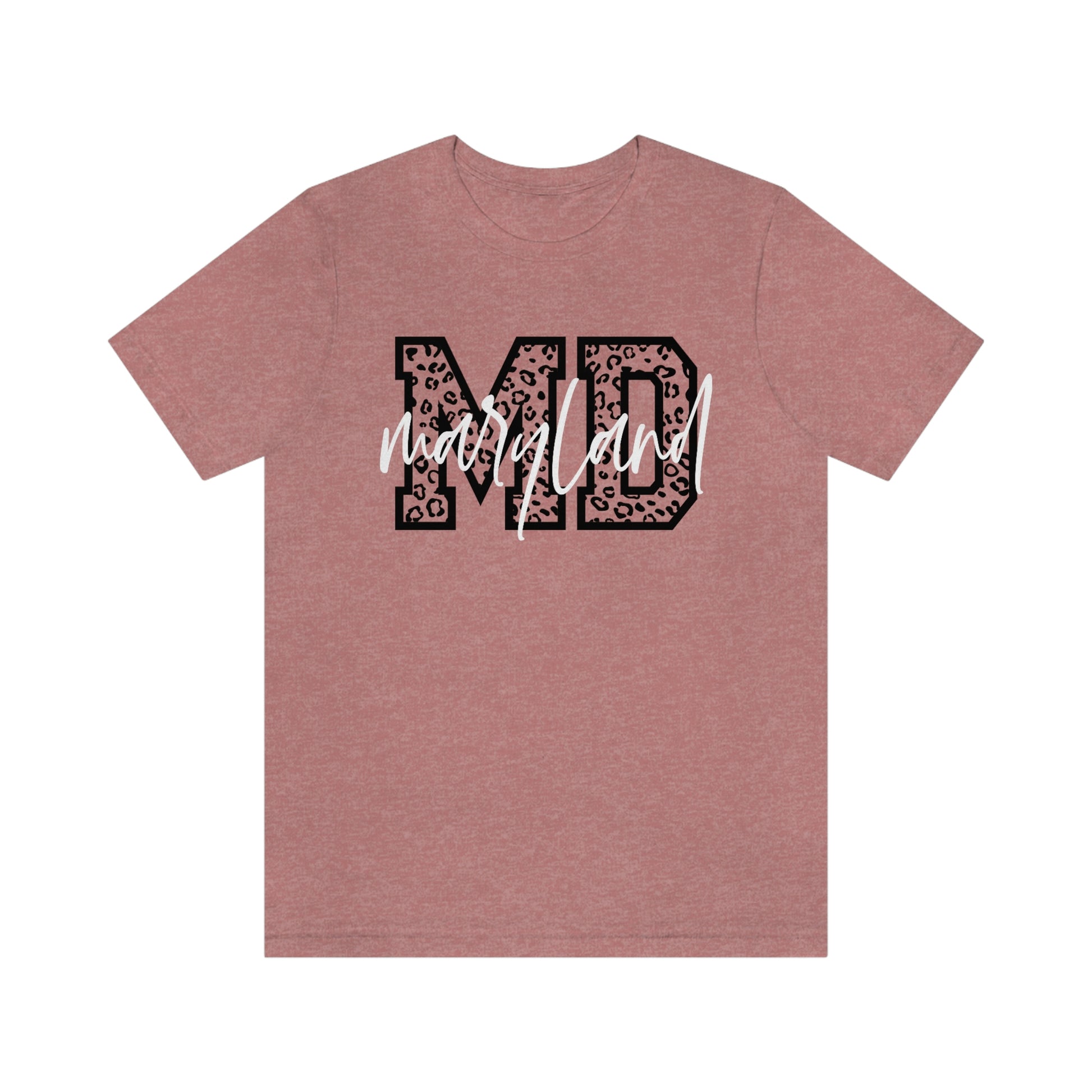 Maryland MD Leopard Print Letters White Script Short Sleeve T-shirt