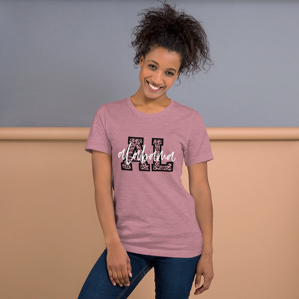Alabama White Script on Leopard AL Unisex T-shirt