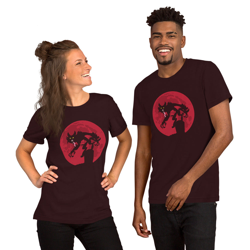 Scary Cat on Red Moon Unisex t-shirt