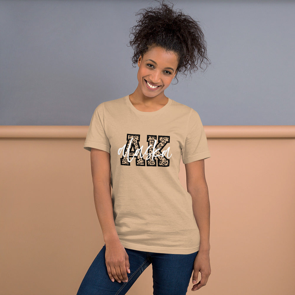 Alaska Script on Leopard Print AK Unisex T-shirt