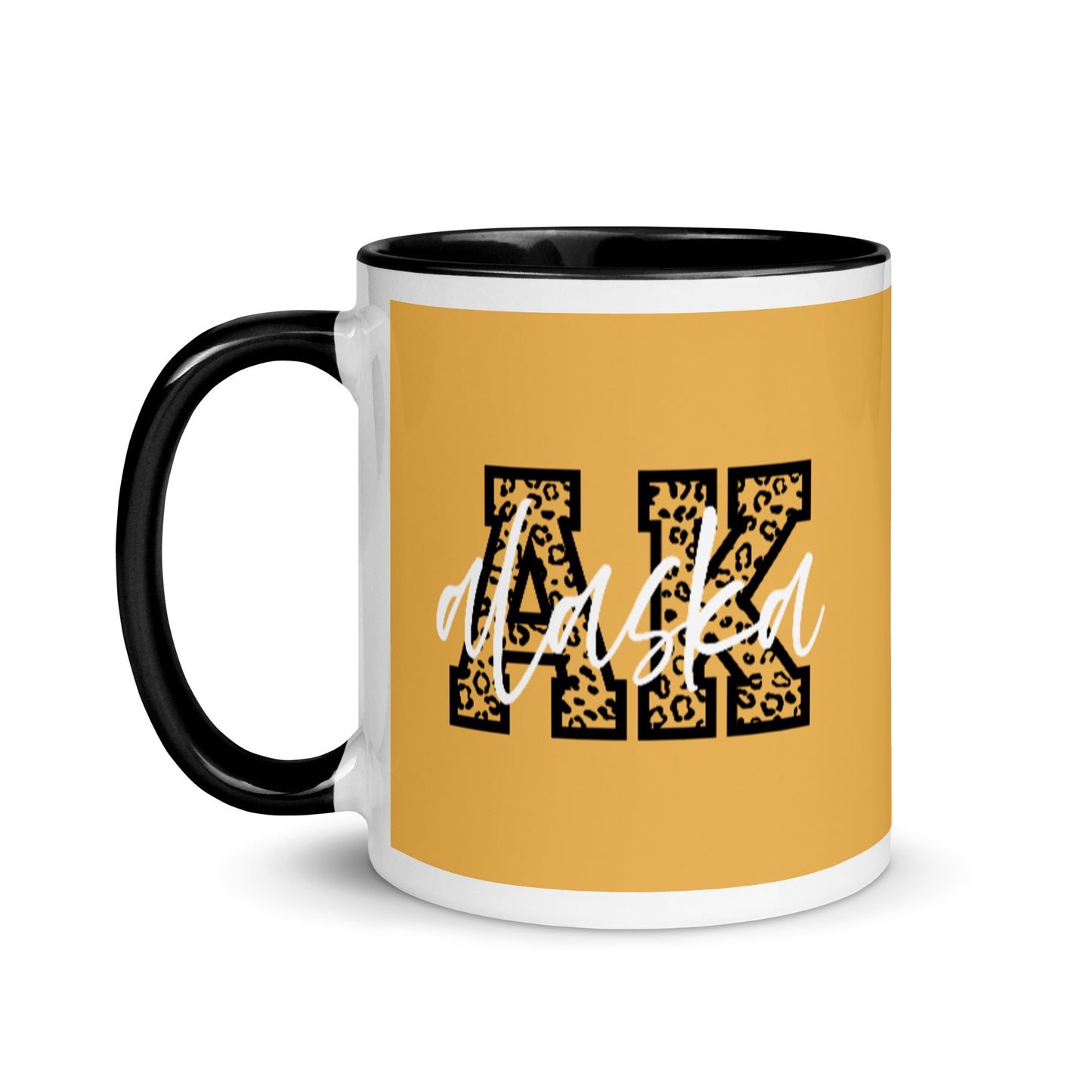 Alaska AK Leopard Print Letters White Script 11 oz Ceramic Mug Color Inside