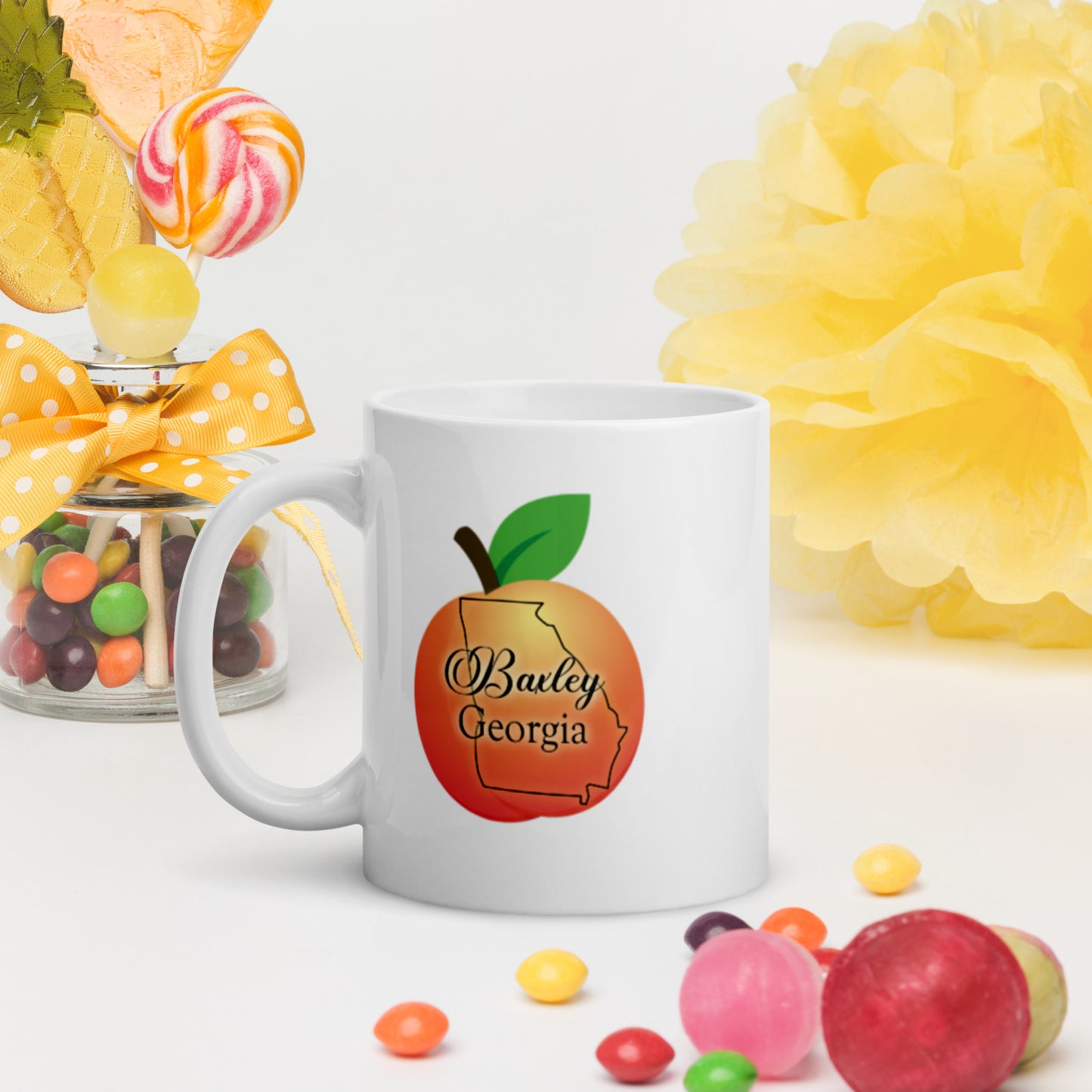 Baxley Georgia State Outline on Peach White Glossy Ceramic Mug 11oz and 15 oz