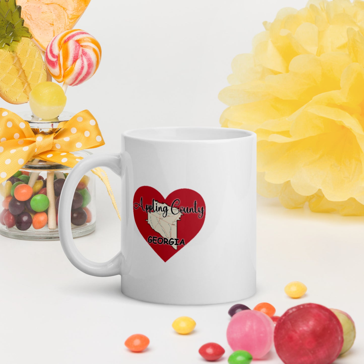 Appling County Georgia Map on Large Heart White Glossy Ceramic Coffee Mug 11 oz and 15 oz