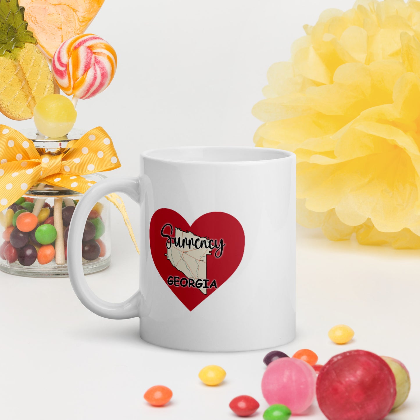 Surrency Georgia County Map on Large Heart White Glossy Ceramic Mug 11 oz and 15 oz