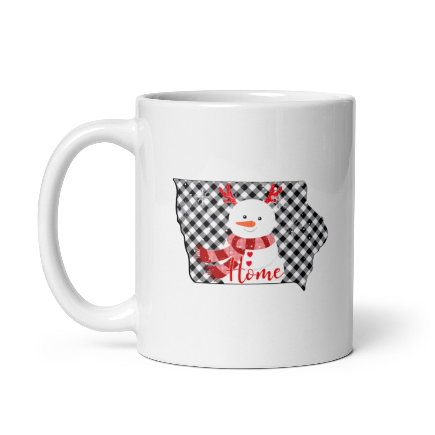 Iowa Gingham Snowman White glossy mug
