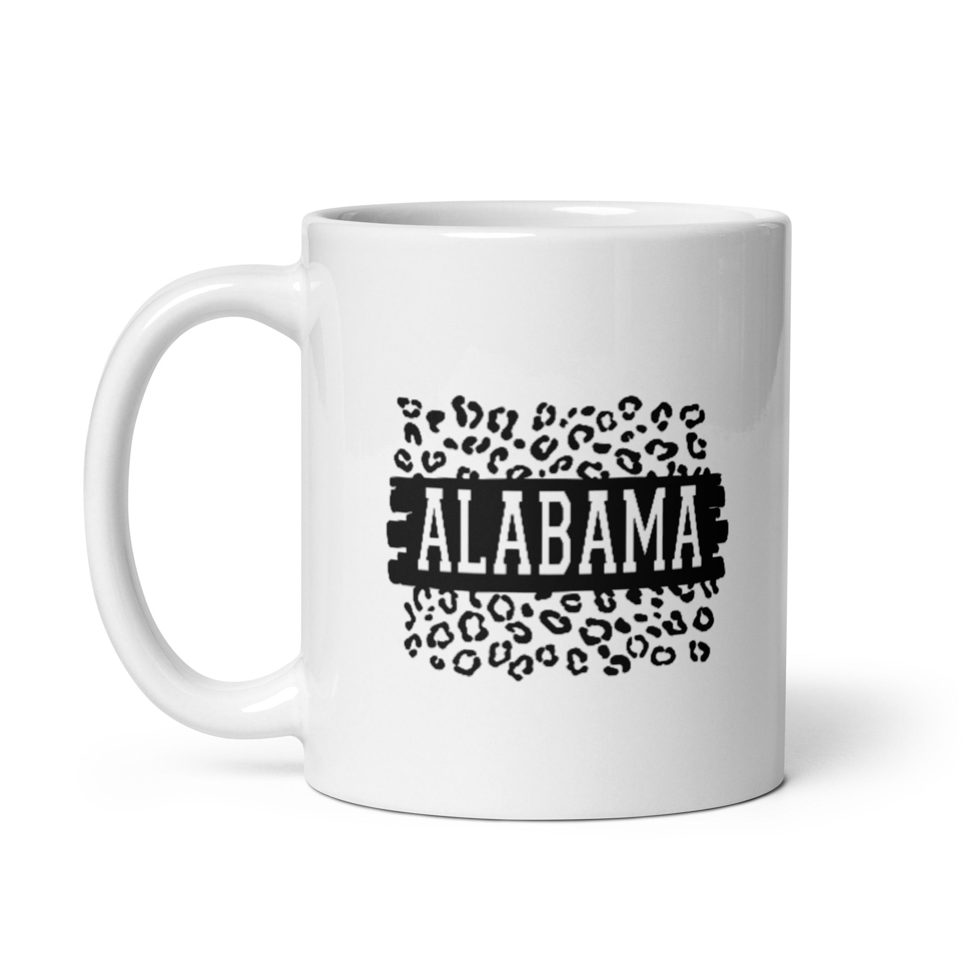 Alabama on Black Band on Leopard Print White Glossy Ceramic Mug