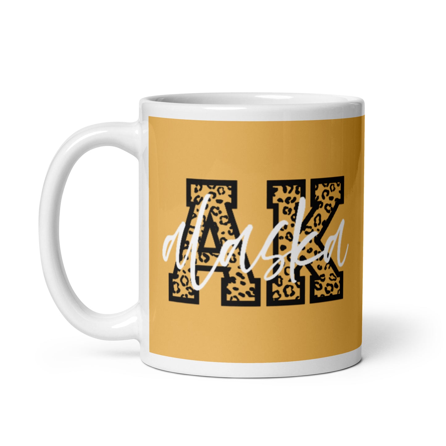 Alaska AK Leopard Print Letters White Script 11 oz White Glossy Ceramic Mug