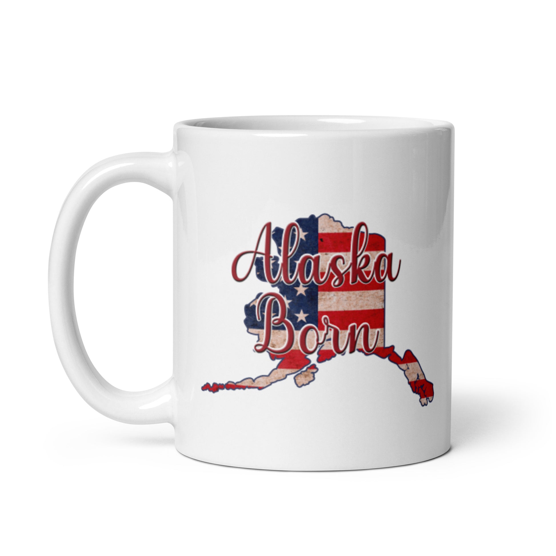 Alaska Born US Flag White Glossy Ceramic Mug