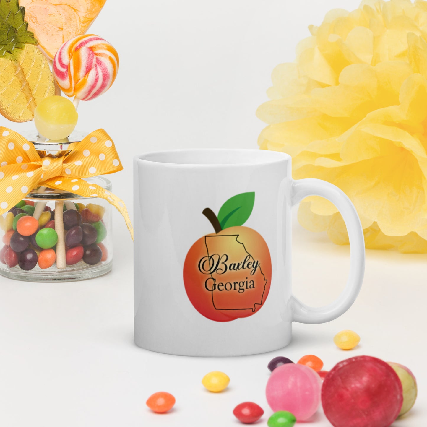 Baxley Georgia State Outline on Peach White Glossy Ceramic Mug 11oz and 15 oz