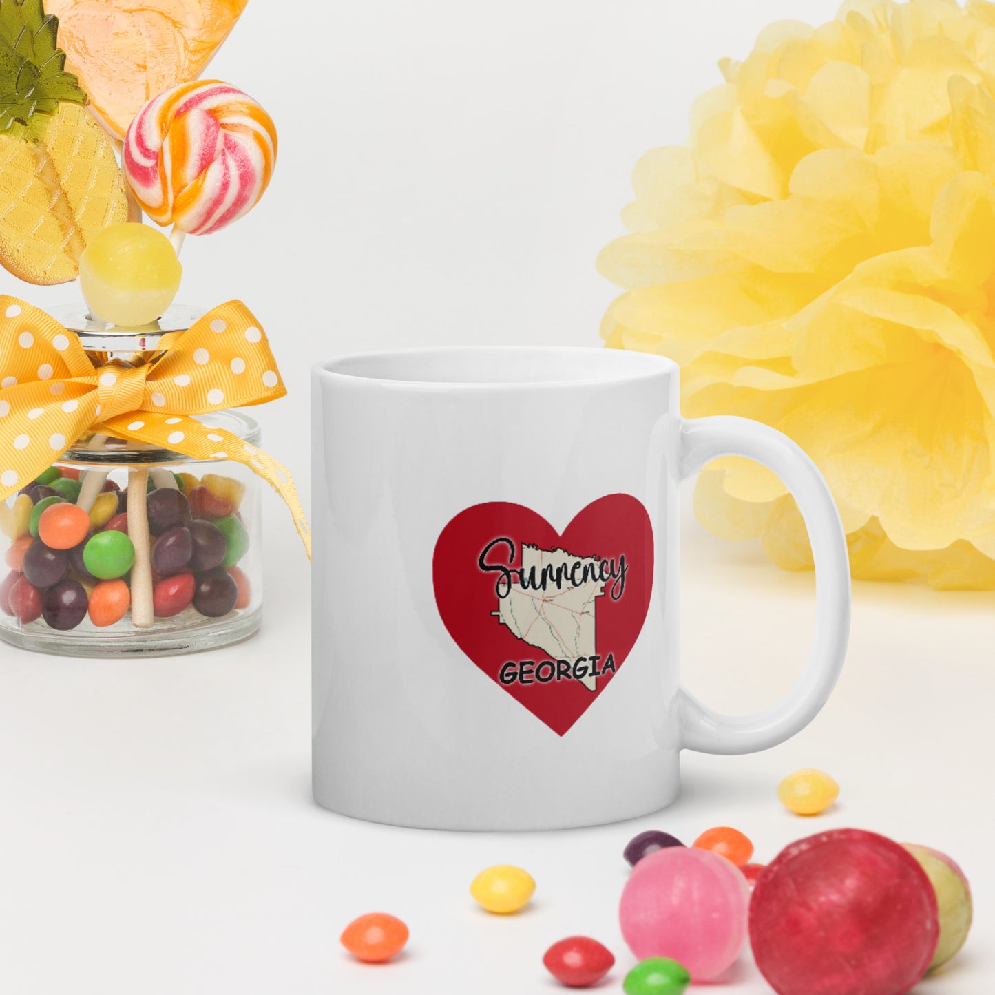Surrency Georgia County Map on Large Heart White Glossy Ceramic Mug 11 oz and 15 oz