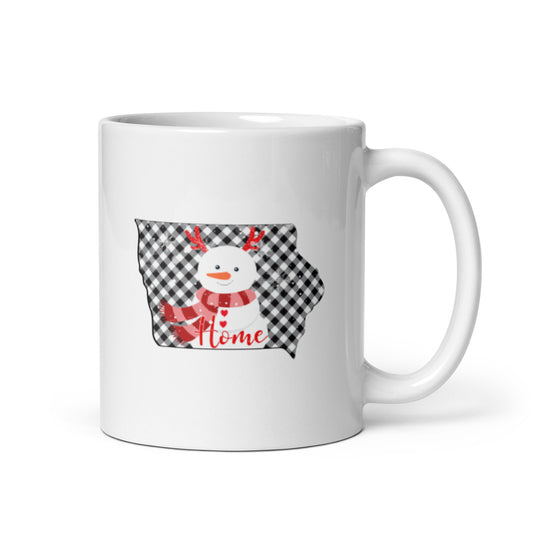 Iowa Gingham Snowman White glossy mug
