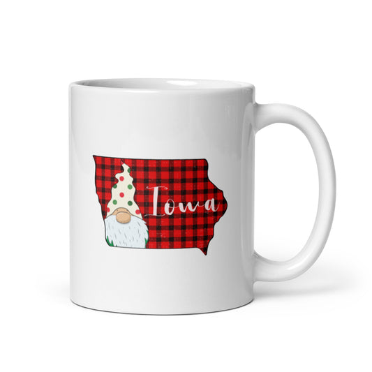 Iowa Plaid Gnome White glossy mug