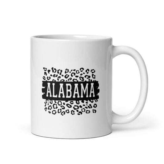 Alabama on Black Band on Leopard Print White Glossy Ceramic Mug