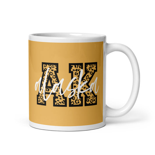 Alaska AK Leopard Print Letters White Script 11 oz White Glossy Ceramic Mug