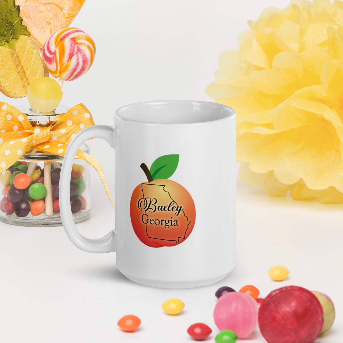 Baxley Georgia State Outline on Peach White Glossy Ceramic Mug 11oz and 15 oz