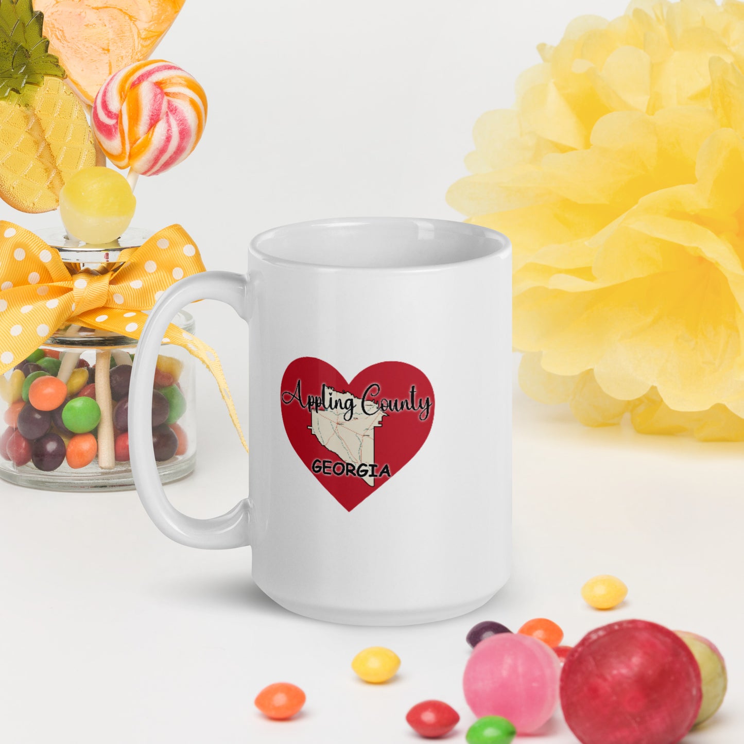 Appling County Georgia Map on Large Heart White Glossy Ceramic Coffee Mug 11 oz and 15 oz