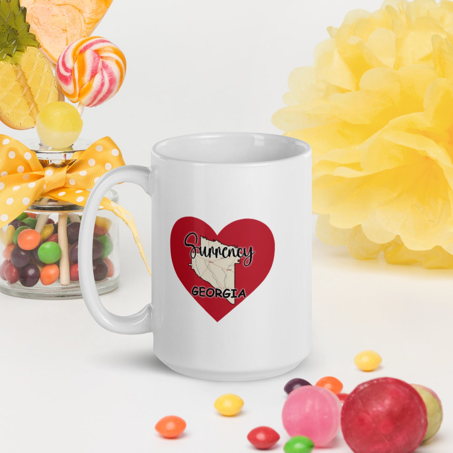 Surrency Georgia County Map on Large Heart White Glossy Ceramic Mug 11 oz and 15 oz