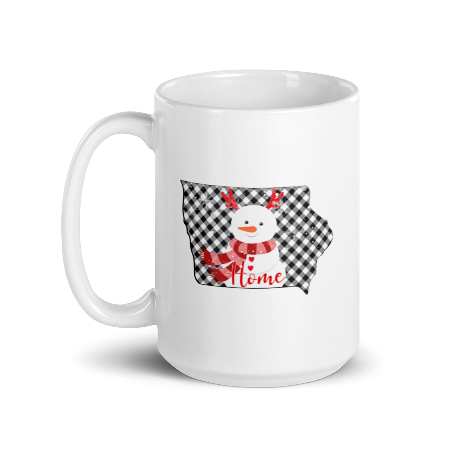 Iowa Gingham Snowman White glossy mug