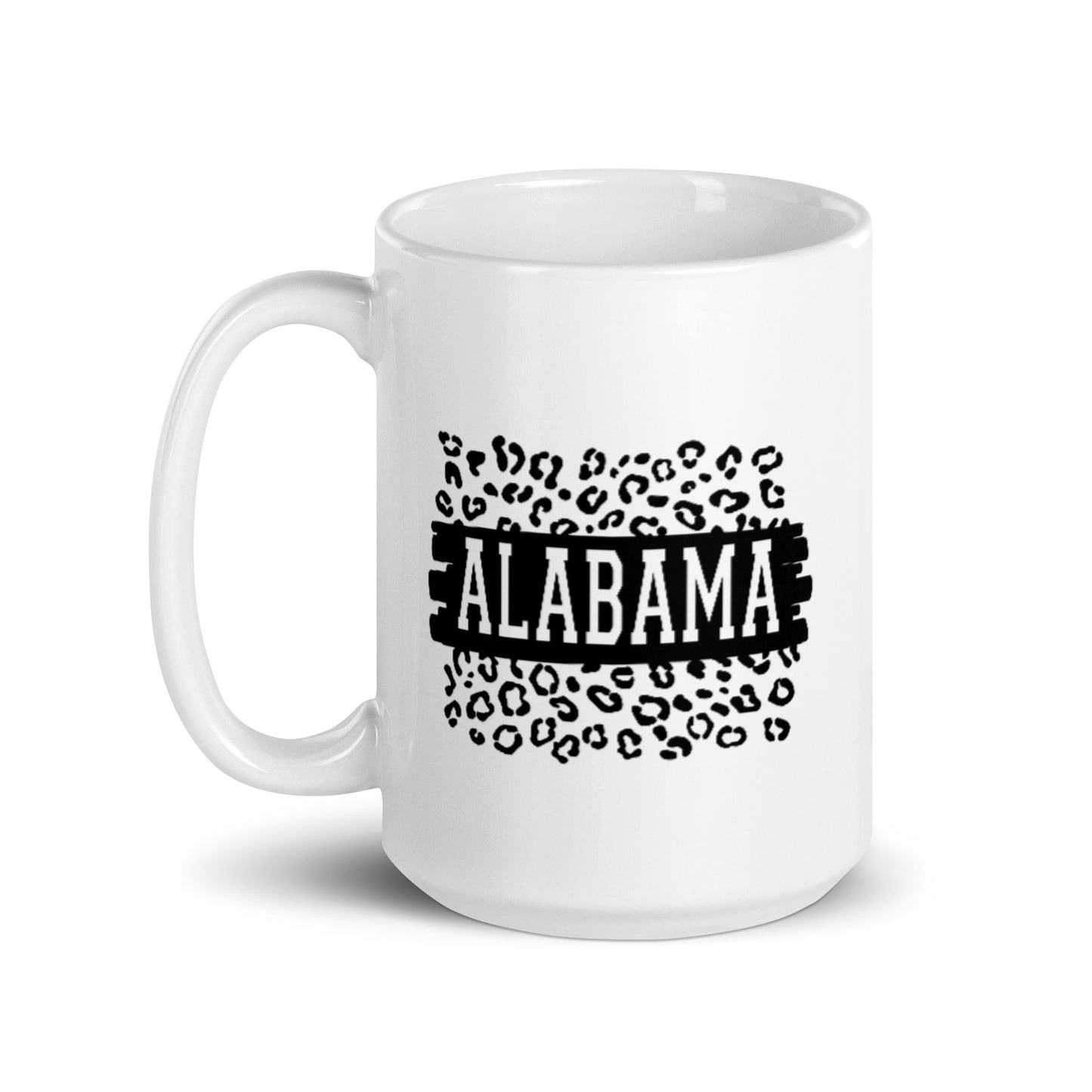 Alabama on Black Band on Leopard Print White Glossy Ceramic Mug