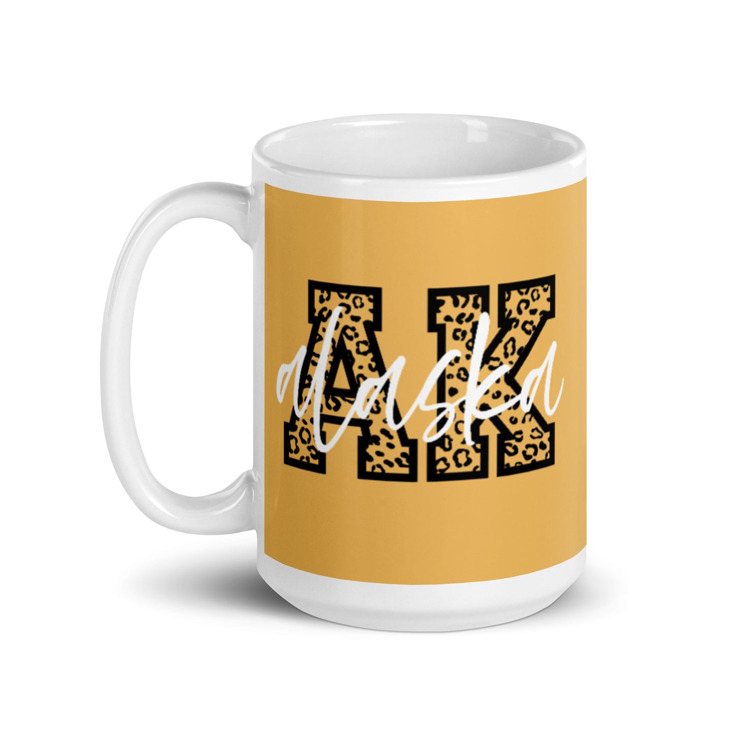 Alaska AK Leopard Print Letters White Script 15 oz White Glossy Ceramic Mug