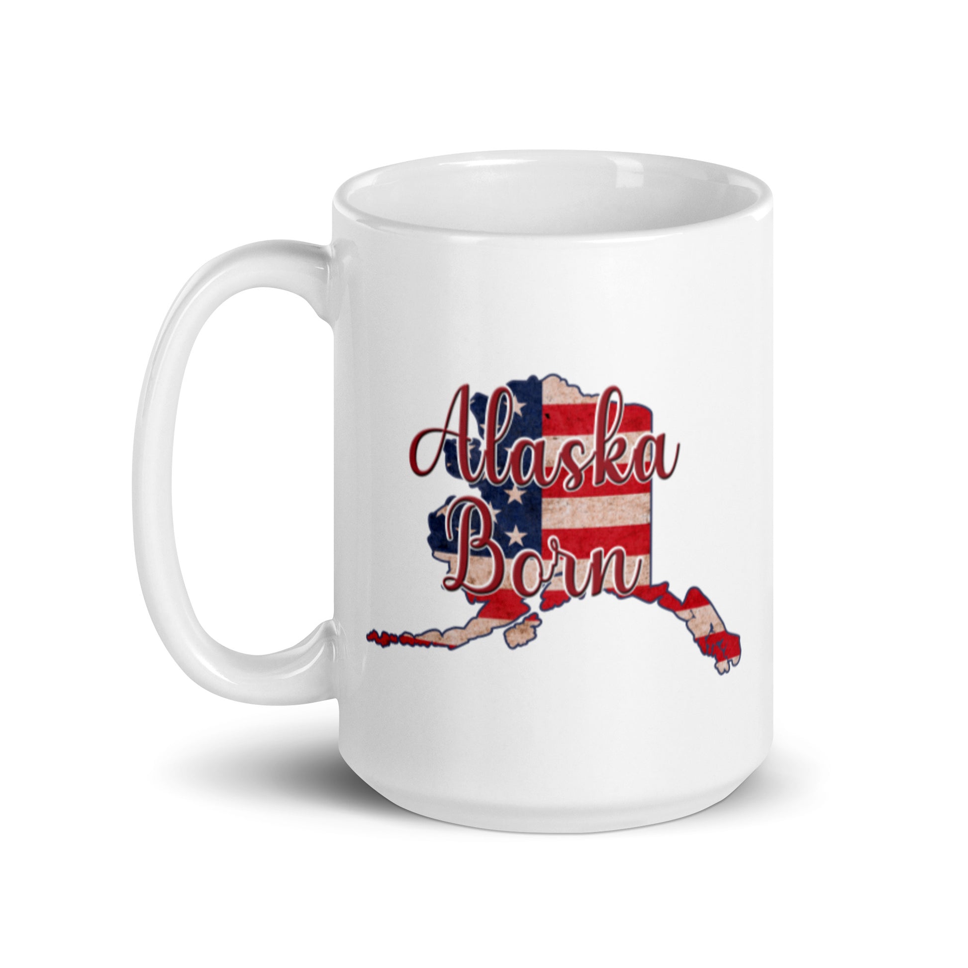 Alaska Born US Flag White Glossy Ceramic Mug